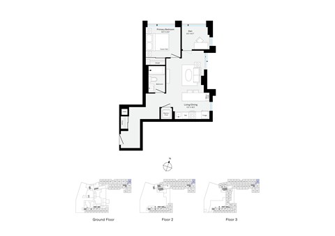 Floor plan for 1 bed, 1 bath, 653 sqft